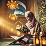DALL·E 2025-03-07 03.01.33 – A woman reading the Quran on her smartphone, surrounded by vibrant Islamic and Arabic elements. She wears a hijab and sits in a peaceful setting with